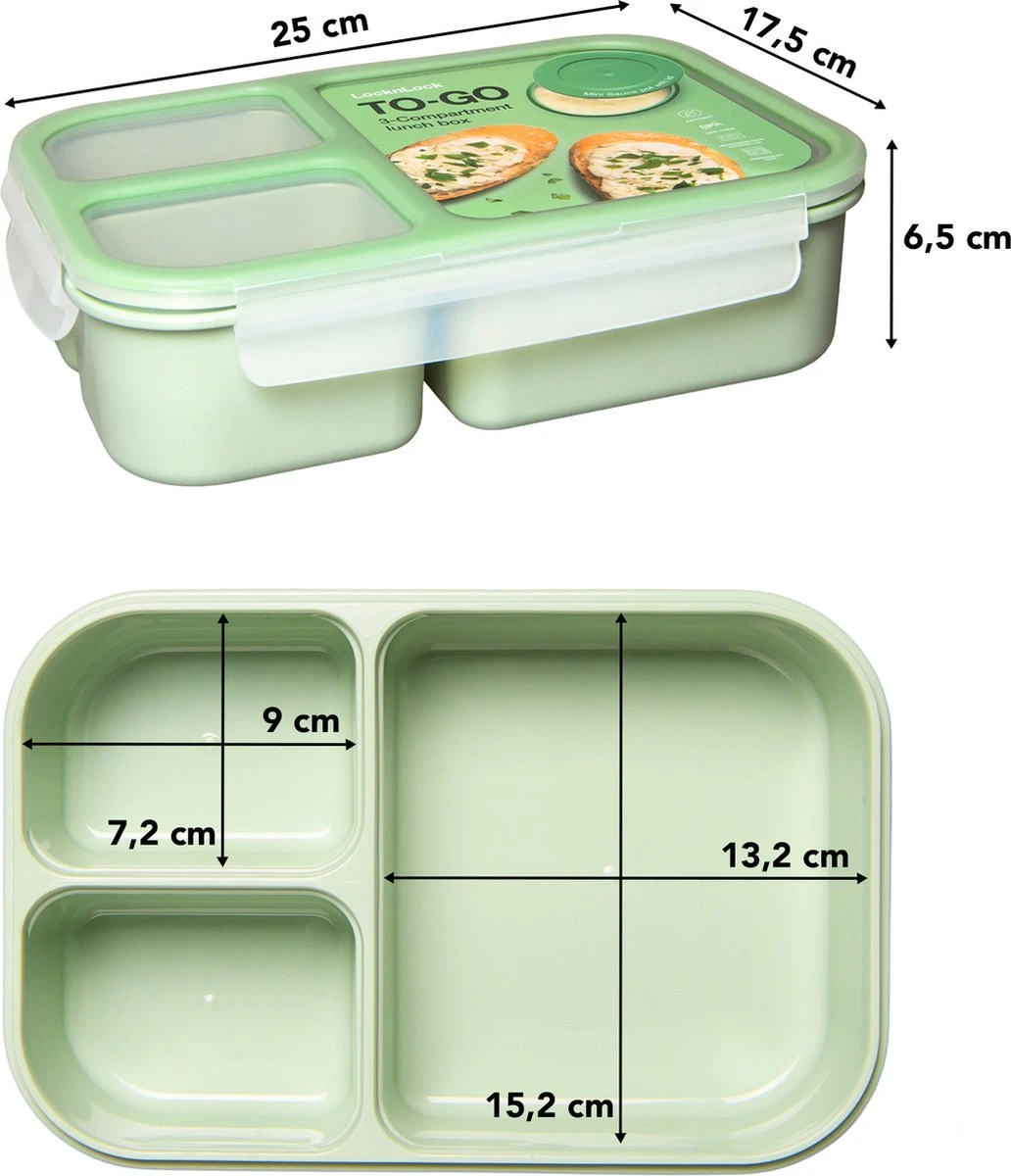 Lock&Lock Lunchbox - Bento Box - Salade Lunchbox - Met 3 Compartimenten - Met Dressing/Saus Bakje - Volwassenen En Kinderen - To Go - Lekvrij - BPA Vrij - 1,5 Liter - Groen 7 Lock&Lock Lunchbox - Bento Box - Salade Lunchbox - Met 3 Compartimenten - Met Dressing/Saus Bakje - Volwassenen En Kinderen - To Go - Lekvrij - BPA Vrij - 1,5 Liter - Groen - Afbeelding 5