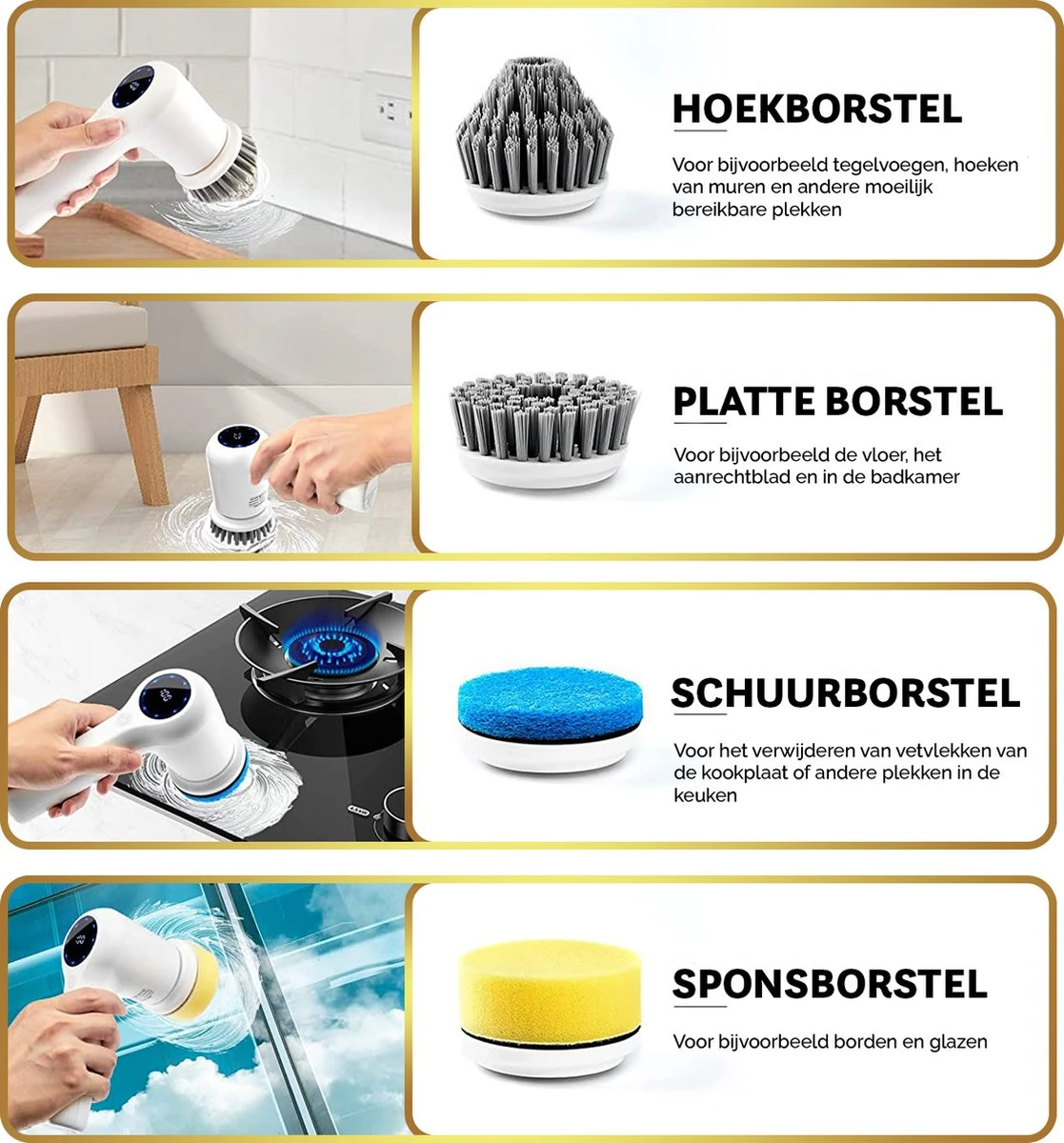 MostEssential Premium Elektrische Schoonmaakborstel 2023 Model – Elektrische Schrobber - Schrobborstel - Poetsmachine – Voor Badkamer Of Keuken - Inclusief 4 Borstelkoppen 7 MostEssential Premium Elektrische Schoonmaakborstel 2023 Model – Elektrische Schrobber - Schrobborstel - Poetsmachine – Voor Badkamer Of Keuken - Inclusief 4 Borstelkoppen - Afbeelding 5