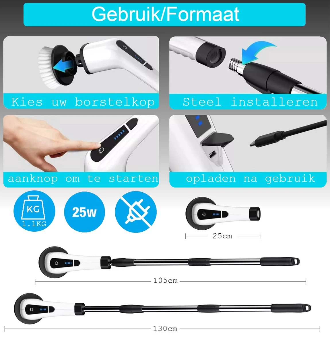 Merkloos Scrubclean Elektrische Schoonmaakborstel-7 In 1 Schrobber Met Steel-2 Standen Poetsmachine-max 130cm-badkamer/keuken/auto +gratis Houder 8 Merkloos Scrubclean Elektrische Schoonmaakborstel-7 In 1 Schrobber Met Steel-2 Standen Poetsmachine-max 130cm-badkamer/keuken/auto +gratis Houder - Afbeelding 6