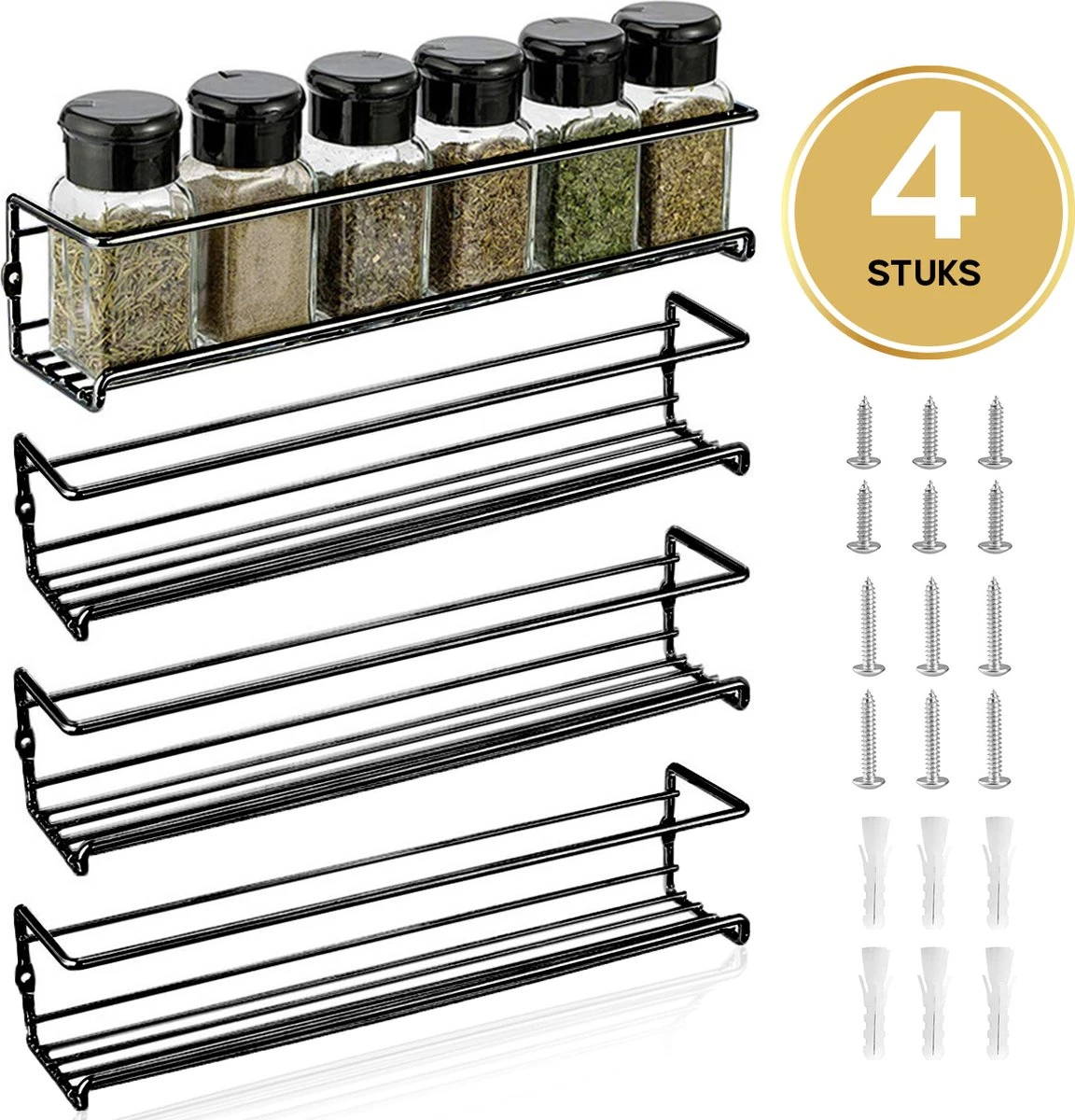 YORGS Kruidenrek Ophangbaar - Kruidenrekje Voor Potjes - Kruidenrekken Hangend 4 Stuks - Zwart - Inc Ophangmateriaal 3 YORGS Kruidenrek Ophangbaar - Kruidenrekje Voor Potjes - Kruidenrekken Hangend 4 Stuks - Zwart - Inc Ophangmateriaal