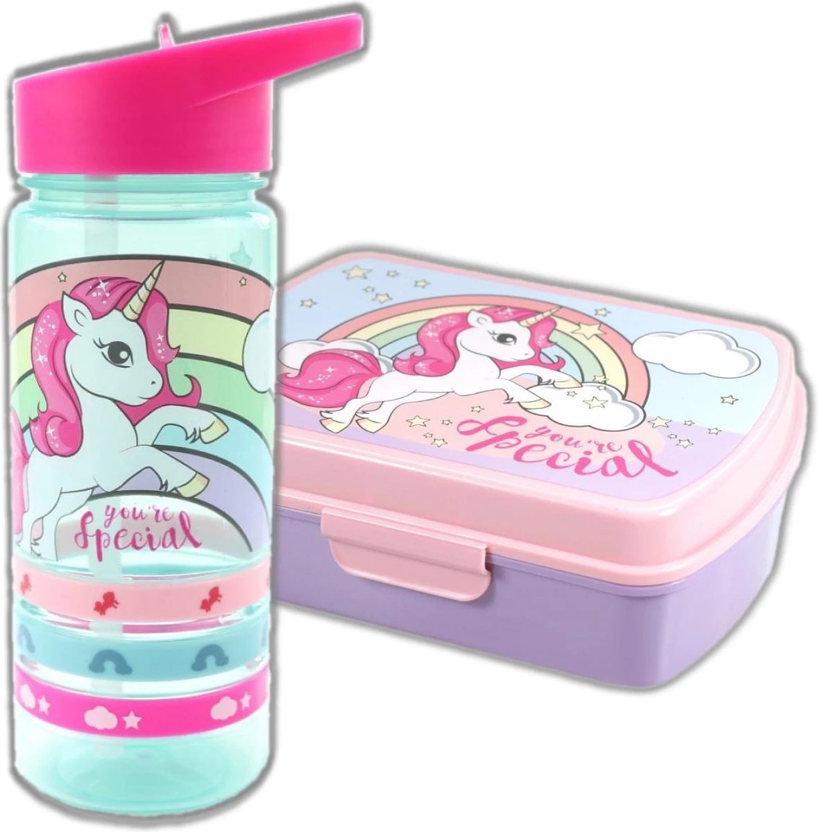 Unicorn Broodtrommel + PET Drinkfles Lichtblauw | Eenhoorn Lunchbox Set Voor Meisjes LS22 2 Unicorn Broodtrommel + PET Drinkfles Lichtblauw | Eenhoorn Lunchbox Set Voor Meisjes LS22