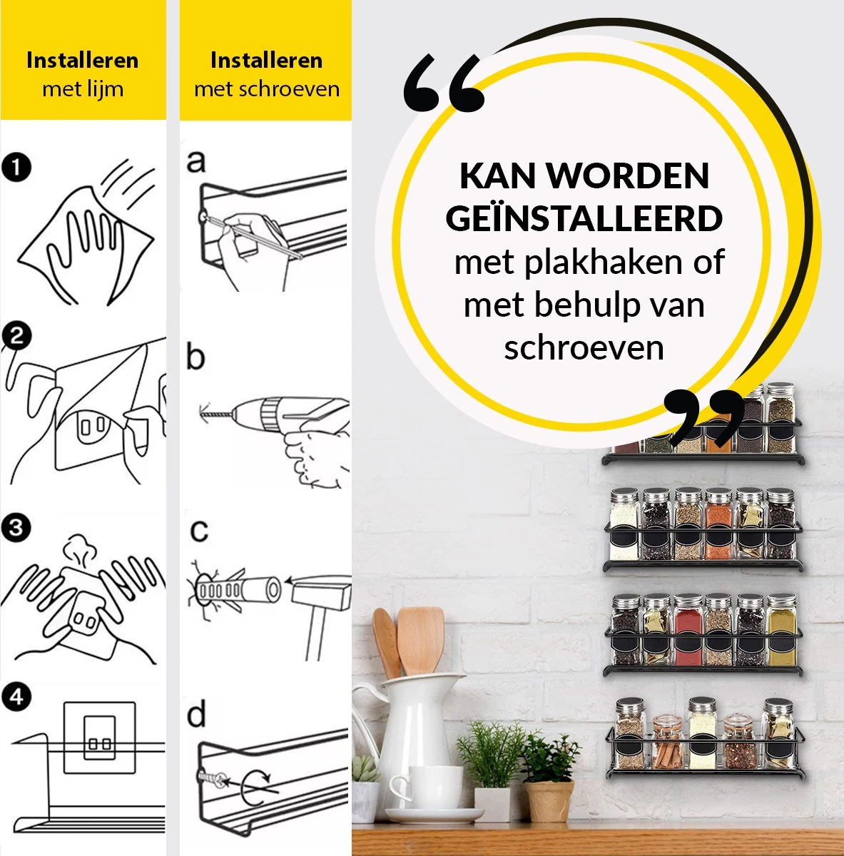 YORGS Kruidenrek Ophangbaar - Kruidenrekje Voor Potjes - Kruidenrekken Hangend 4 Stuks - Zwart - Inc Ophangmateriaal 6 YORGS Kruidenrek Ophangbaar - Kruidenrekje Voor Potjes - Kruidenrekken Hangend 4 Stuks - Zwart - Inc Ophangmateriaal - Afbeelding 4