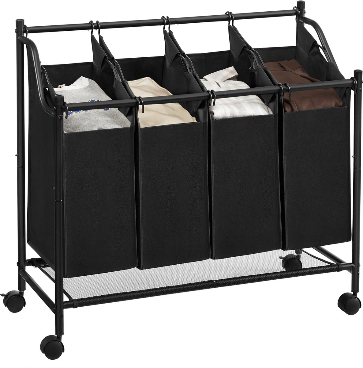 Acaza Stevige Wassorteerder - Wasmand Op Wieltjes Met 4 Uitneembare Vakken - 140L - Zwart 2 Acaza Stevige Wassorteerder - Wasmand Op Wieltjes Met 4 Uitneembare Vakken - 140L - Zwart