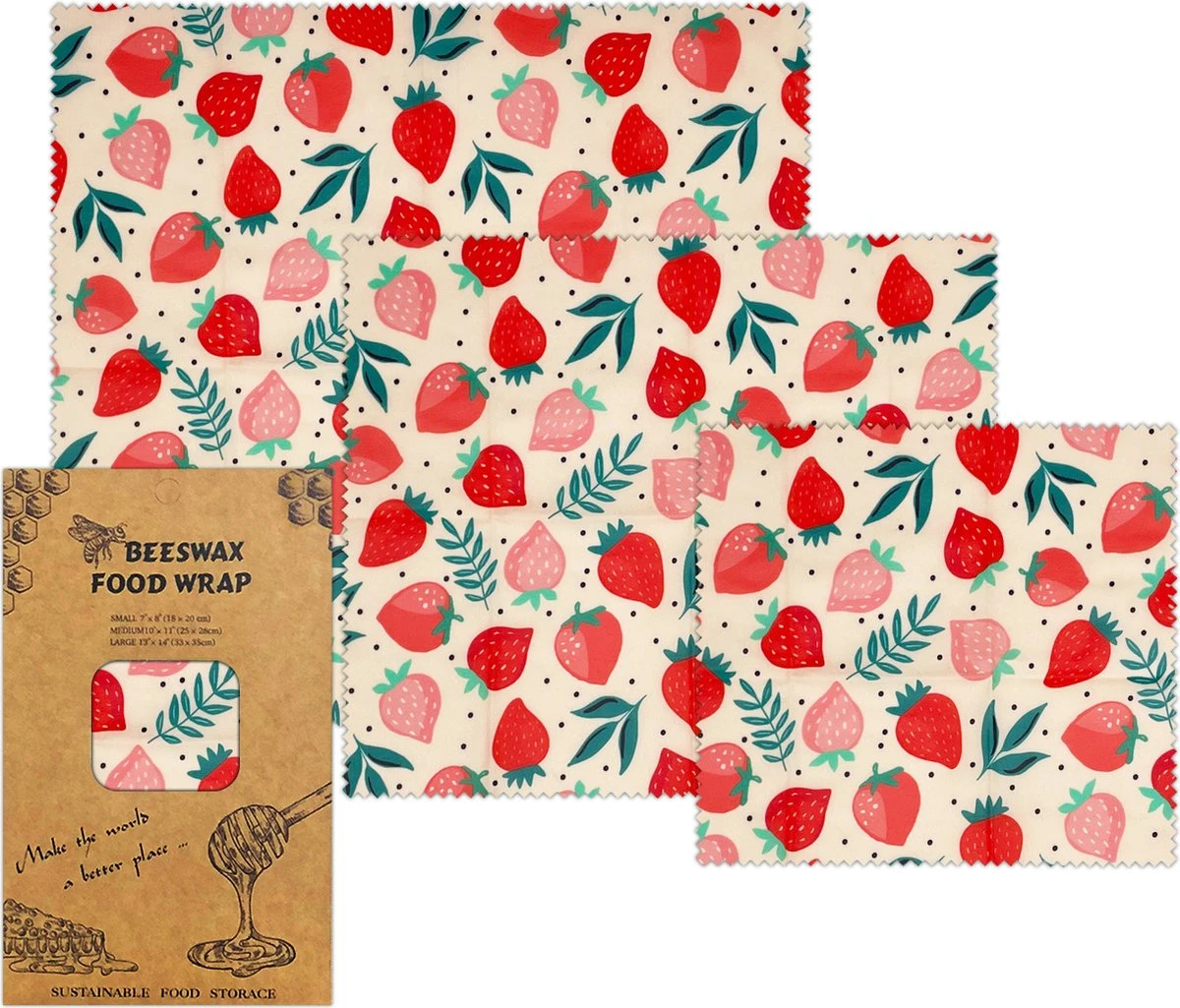 Bijenwas Wraps (Bijenwas Doek) - "rode Aardbei" Set Van 3 - 1S, 1M, 1L - Beeswax Wraps - Herbruikbaar Boterhamzakje - Bee Wrap - Beewax - Bijenwasdoek - Zero Waste - Duurzaam Cadeau 4 Bijenwas Wraps (Bijenwas Doek) - "rode Aardbei" Set Van 3 - 1S, 1M, 1L - Beeswax Wraps - Herbruikbaar Boterhamzakje - Bee Wrap - Beewax - Bijenwasdoek - Zero Waste - Duurzaam Cadeau - Afbeelding 2