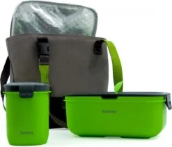 Homra Lunchset In Tas BREAQ Green - Broodtrommel - Yoghurtbeker - Koeltas - Lunch To Go - Duurzaam Kunststof - BPA Vrij - Lunchtrommel - Magnetron, Diepvries, Vaatwasser Bestendig - Grijs Met Groen - Picknick - Kantoor - School - Vers Houden