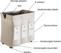 Wasmand 3 Vakken - Hotel Wassorteerder - NL Opdruk & Wielen - Opvouwbaar - Hotel - 100 Liter