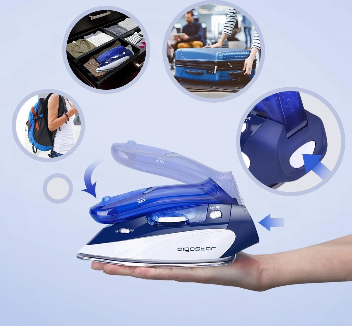 Aigostar Lucas 31PYF - Stoomstrijkijzer Travel/Reisstrijkijzer - 1100W - Paars/Wit 8 Aigostar Lucas 31PYF - Stoomstrijkijzer Travel/Reisstrijkijzer - 1100W - Paars/Wit - Afbeelding 6