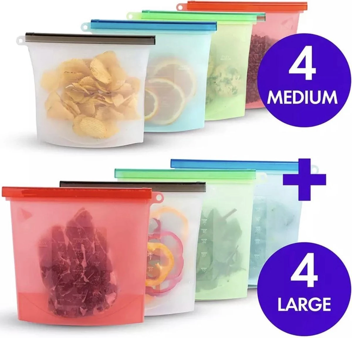 Siliconen Vershoudzakken - Set Van 8 ( 4x 1000ML + 4x 1500ML) -(Transparant, Rood, Groen, Blauw) - Duurzaam - Herbruikbaar - Vries & Hitte Bestendig - Meal Prep - Opbergzak Maatbeker Meal Prep Container 3 Siliconen Vershoudzakken - Set Van 8 ( 4x 1000ML + 4x 1500ML) -(Transparant, Rood, Groen, Blauw) - Duurzaam - Herbruikbaar - Vries & Hitte Bestendig - Meal Prep - Opbergzak Maatbeker Meal Prep Container