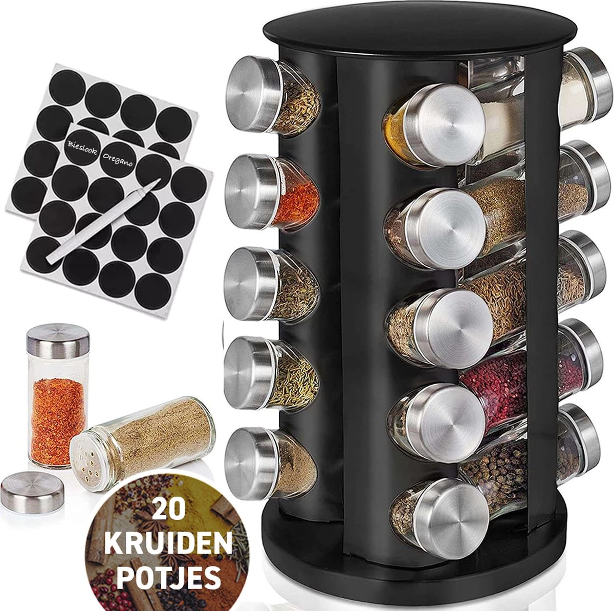 Merkloos Draaibaar Kruidenrek Met 20 Kruidenpotjes - Kruidenrek Staand - Aanrecht Organiser - Glazen Potjes Met Deksel - Inclusief 32 Etiketten En 1 Uitwisbare Stift - Ronde Afwerking - Zwart 3 Merkloos Draaibaar Kruidenrek Met 20 Kruidenpotjes - Kruidenrek Staand - Aanrecht Organiser - Glazen Potjes Met Deksel - Inclusief 32 Etiketten En 1 Uitwisbare Stift - Ronde Afwerking - Zwart