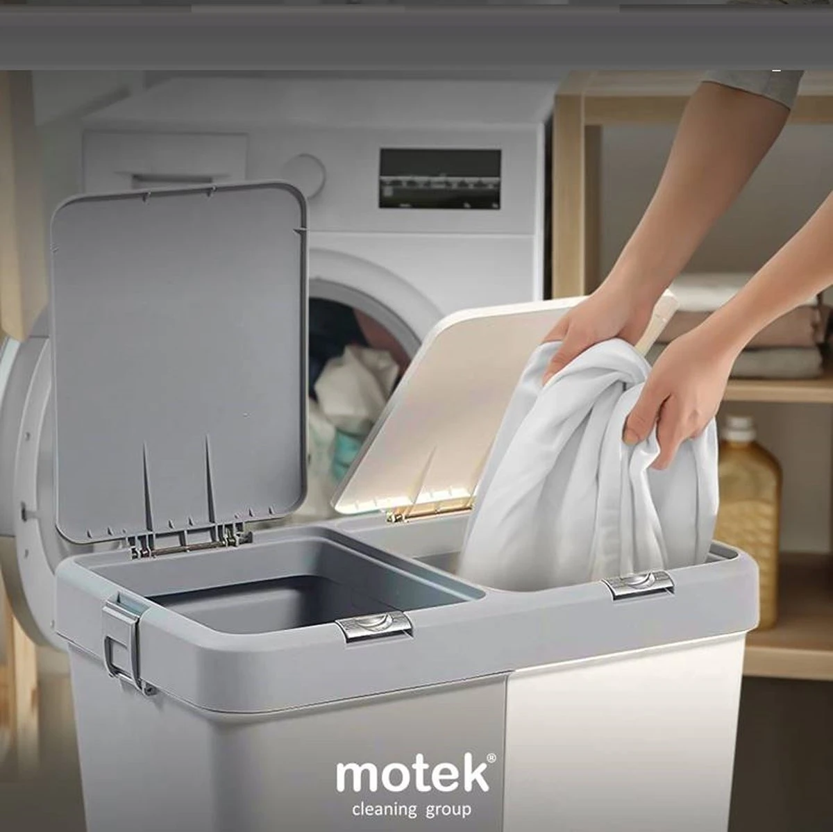 Motek® - Wasmand - 2 Vakken Met Deksel - Met Touch Deksel - Gemaakt Van 100% Gerecycled Kunststof - 80 L - Wasmand Met Deksel - Wassorteerder - Grijs - Wit 7 Motek® - Wasmand - 2 Vakken Met Deksel - Met Touch Deksel - Gemaakt Van 100% Gerecycled Kunststof - 80 L - Wasmand Met Deksel - Wassorteerder - Grijs - Wit - Afbeelding 5