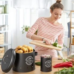 Professionele Bewaardozen - Set Van 3 - Voor Aardappels, Uien En Knoflook - Retro Design - Voorraadcontainer Van Metaal - Keukenopslag - Groentes Bewaren Voor Lange Tijd - Perfect Cadeau Voor In De Keuken -Huishoudelijke Artikelen Winkel 1200x1200 1000