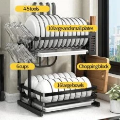 TammaT - Afdruiprek Met Lekbak 2 Laags – Inklapbaar - Afwasrek – Met 2 Lekbakken – Extra Accessories Voor Servies En Snijplanken - RVS - 38x35x26,5cm -Huishoudelijke Artikelen Winkel 1200x1200 1161