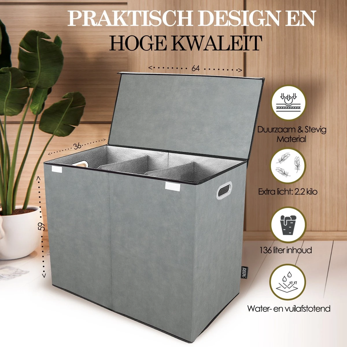 MIRI Wasmand – 3 Vakken Met Deksel – Wassorteerder – Grijs – 120 Liter – Wasbox – Opvouwbaar – Organizer Kleding – Laundry Basket 6 MIRI Wasmand – 3 Vakken Met Deksel – Wassorteerder – Grijs – 120 Liter – Wasbox – Opvouwbaar – Organizer Kleding – Laundry Basket - Afbeelding 4