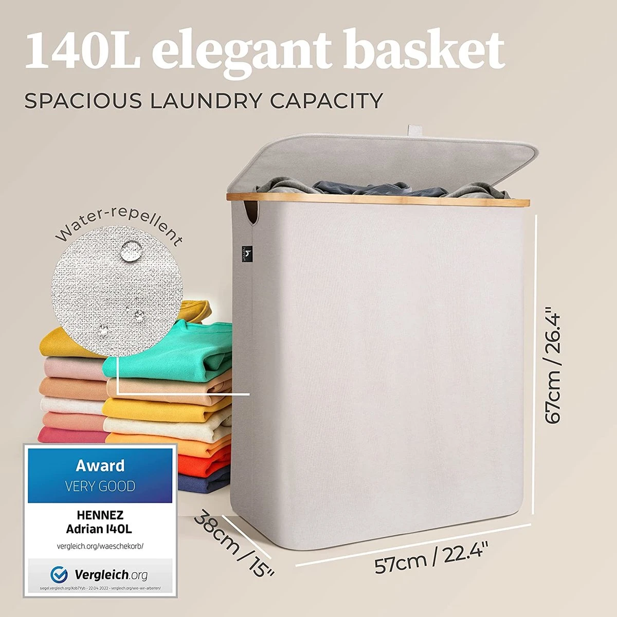 HENNEZ Wasmand 2 Vakken Met Deksel - Van 140L Opvouwbaar Met Scheiding En Een Bamboe Frame - Wassorteerder Inclusief Waszak - Laundry Basket - Wasmanden - Wasbox Beige 4 HENNEZ Wasmand 2 Vakken Met Deksel - Van 140L Opvouwbaar Met Scheiding En Een Bamboe Frame - Wassorteerder Inclusief Waszak - Laundry Basket - Wasmanden - Wasbox Beige - Afbeelding 2