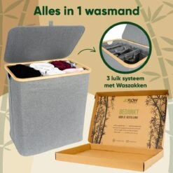 JoFlow® Wasmand Met Wassorteerder En Deksel | Wasbox Met 3 Vakken | Bamboe | 120L -Huishoudelijke Artikelen Winkel 1200x1200 1587