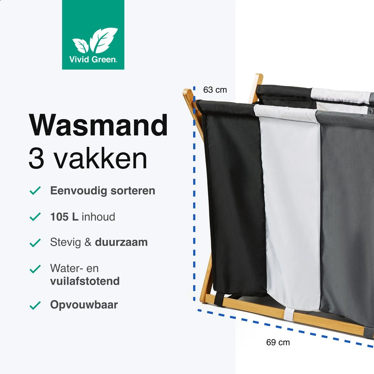 Vivid Green Wasmand Met 3 Vakken - Wassorteerder - Opvouwbaar - Wasmanden - Bamboe - 105L 4 Vivid Green Wasmand Met 3 Vakken - Wassorteerder - Opvouwbaar - Wasmanden - Bamboe - 105L - Afbeelding 2