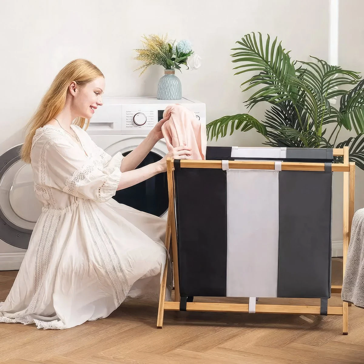 Vivid Green Wasmand Met 3 Vakken - Wassorteerder - Opvouwbaar - Wasmanden - Bamboe - 105L 5 Vivid Green Wasmand Met 3 Vakken - Wassorteerder - Opvouwbaar - Wasmanden - Bamboe - 105L - Afbeelding 3