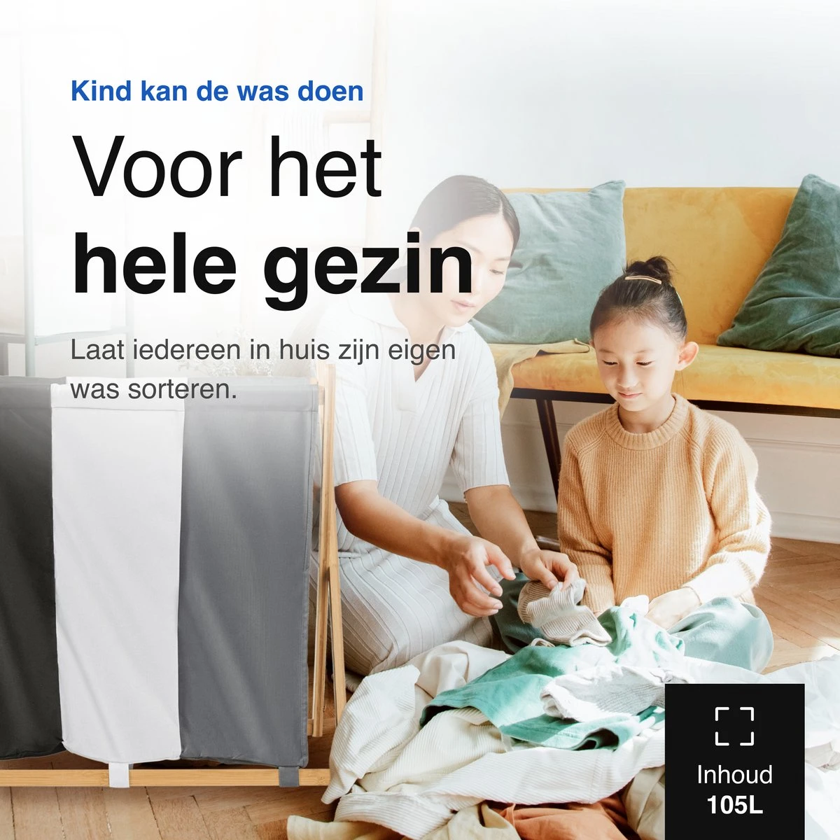 Vivid Green Wasmand Met 3 Vakken - Wassorteerder - Opvouwbaar - Wasmanden - Bamboe - 105L 6 Vivid Green Wasmand Met 3 Vakken - Wassorteerder - Opvouwbaar - Wasmanden - Bamboe - 105L - Afbeelding 4