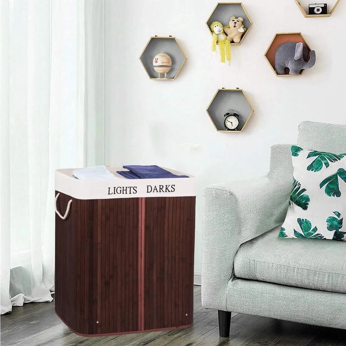 Springos Dubbele Wasmand | 2 Vakken Met Deksel | Opvouwbaar | 100 Liter | Met Uitneembare Waszak | Wasmand | Bruin 6 Springos Dubbele Wasmand | 2 Vakken Met Deksel | Opvouwbaar | 100 Liter | Met Uitneembare Waszak | Wasmand | Bruin - Afbeelding 4