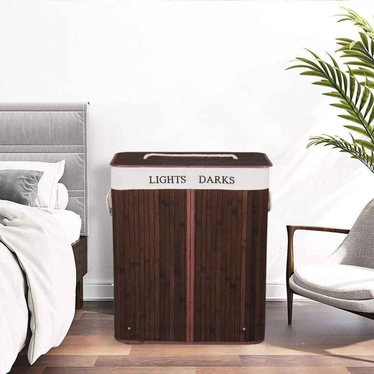 Springos Dubbele Wasmand | 2 Vakken Met Deksel | Opvouwbaar | 100 Liter | Met Uitneembare Waszak | Wasmand | Bruin 7 Springos Dubbele Wasmand | 2 Vakken Met Deksel | Opvouwbaar | 100 Liter | Met Uitneembare Waszak | Wasmand | Bruin - Afbeelding 5