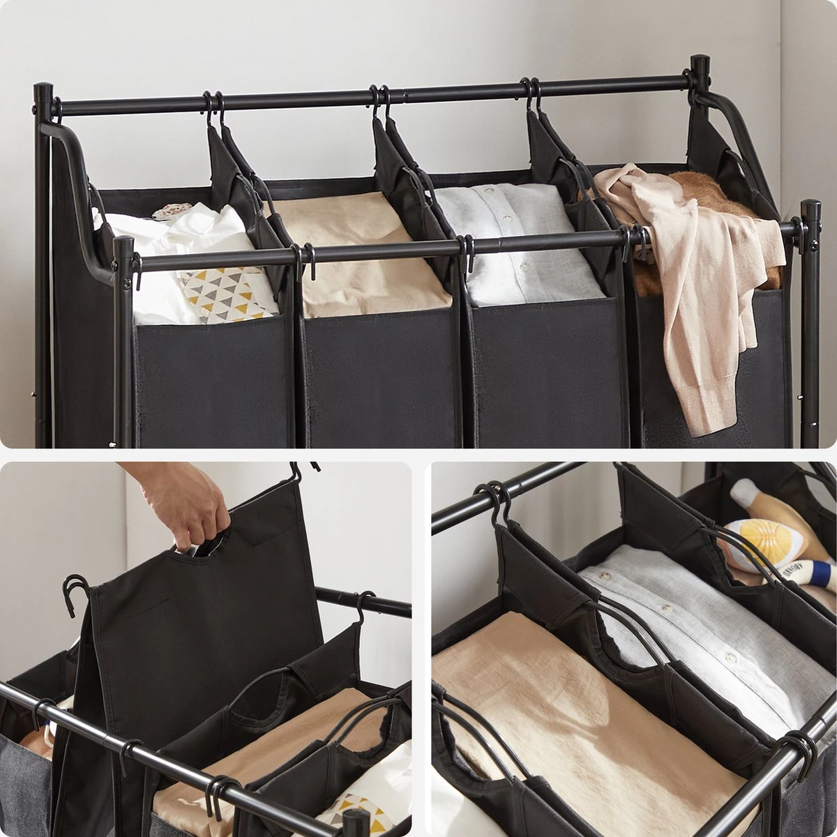 Acaza Stevige Wassorteerder - Wasmand Op Wieltjes Met 4 Uitneembare Vakken - 140L - Zwart 6 Acaza Stevige Wassorteerder - Wasmand Op Wieltjes Met 4 Uitneembare Vakken - 140L - Zwart - Afbeelding 5