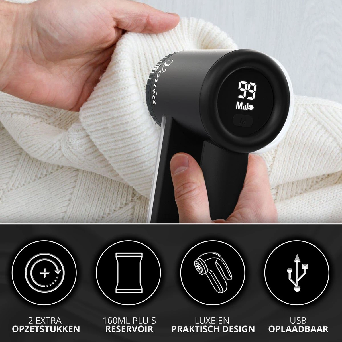 Vonia Pluizenverwijderaar - Pluizentondeuse - Elektrische Ontpluizer - Ontpiller - Draadloos - 2 Extra Opzetstukken- Zwart 4 Vonia Pluizenverwijderaar - Pluizentondeuse - Elektrische Ontpluizer - Ontpiller - Draadloos - 2 Extra Opzetstukken- Zwart - Afbeelding 2