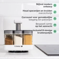 Coninx Kruidenrek Staand - Draaiend Kruidenrek Met Glazen Potjes - Kruidencarrousel Draaibaar - 8 Kruidenpotjes - Wit / RVS -Huishoudelijke Artikelen Winkel 1200x1200 739