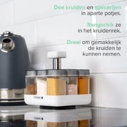 Coninx Kruidenrek Staand - Draaiend Kruidenrek Met Glazen Potjes - Kruidencarrousel Draaibaar - 8 Kruidenpotjes - Wit / RVS -Huishoudelijke Artikelen Winkel 1200x1200 741
