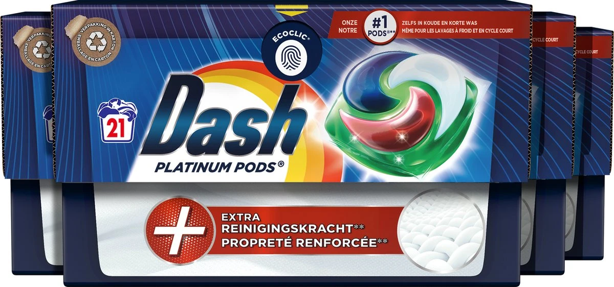 Dash Platinum Pods +Vlekverwijderingskracht- Kleur - Wascapules - 4 X 21 Wasbeurten Voordeelverpakking 3 Dash Platinum Pods +Vlekverwijderingskracht- Kleur - Wascapules - 4 X 21 Wasbeurten Voordeelverpakking