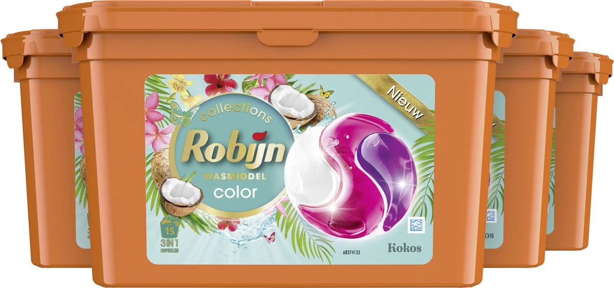 Robijn Kokos 3 In 1 Wascapsules - 4 X 15 Wasbeurten - Voordeelverpakking 4 Robijn Kokos 3 In 1 Wascapsules - 4 X 15 Wasbeurten - Voordeelverpakking - Afbeelding 2