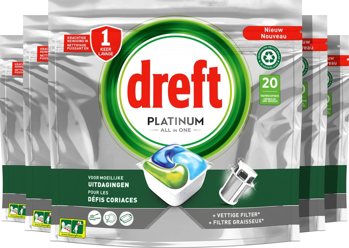 Dreft Platinum All In One - Vaatwascapsules - Original - Voordeelverpakking 5 X 20 Capsules 3 Dreft Platinum All In One - Vaatwascapsules - Original - Voordeelverpakking 5 X 20 Capsules
