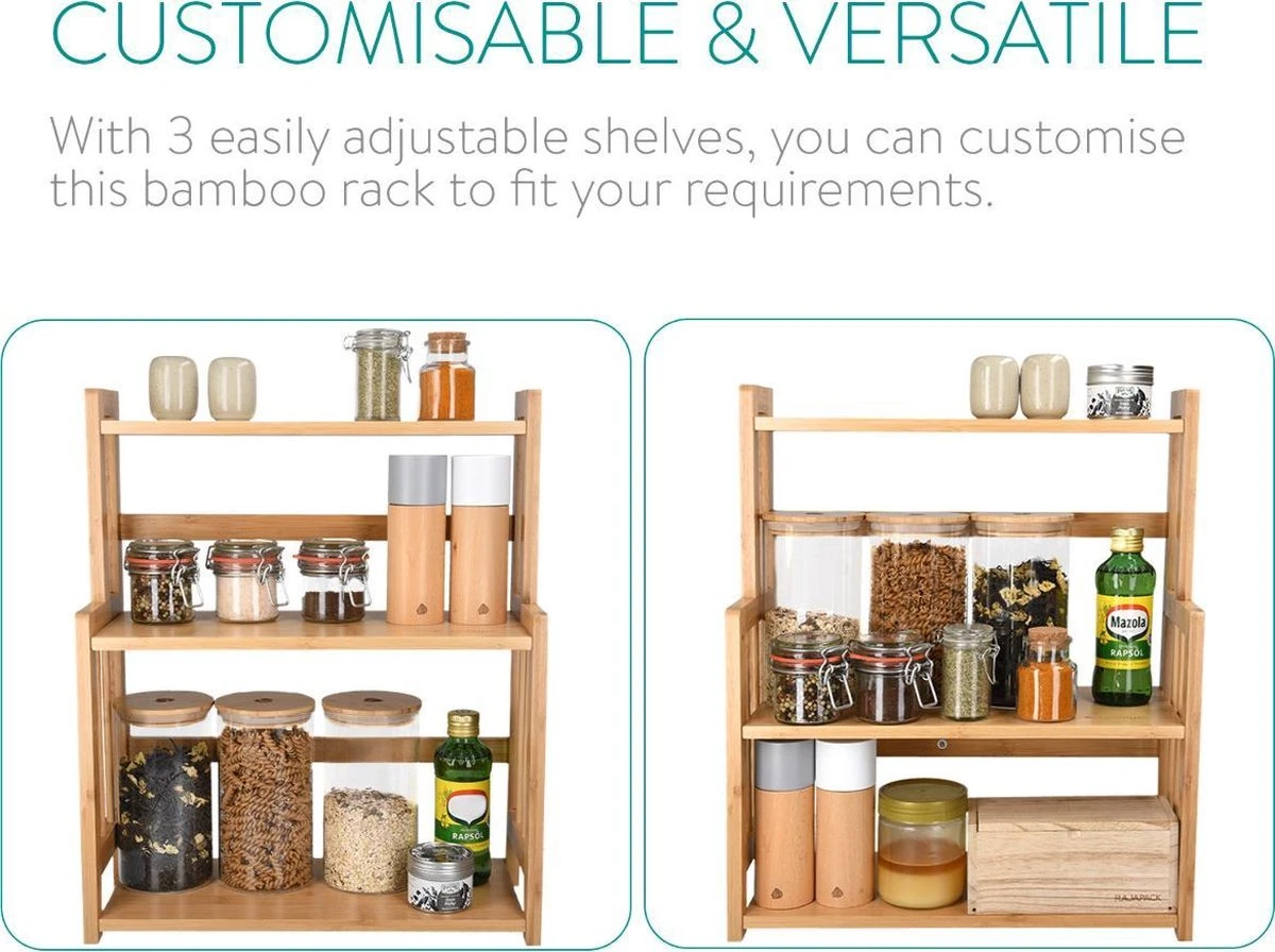 Navaris Keukenrek Met 3 Planken - Verstelbaar Kruidenrek Van Bamboe - Staand - Stevige Constructie - Natuurlijk Bamboehout - Waterafstotend 5 Navaris Keukenrek Met 3 Planken - Verstelbaar Kruidenrek Van Bamboe - Staand - Stevige Constructie - Natuurlijk Bamboehout - Waterafstotend - Afbeelding 3