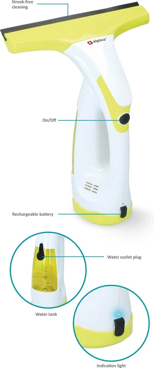 Alpina Elektrische Ramenwasser - Ruitenreiniger 635GR - Oplaadbare Raamtrekker - 3,7V Lithiumbatterij - Batterijduur 30 Minuten - 70ML Waterreservoir - Wit/Geel 7 Alpina Elektrische Ramenwasser - Ruitenreiniger 635GR - Oplaadbare Raamtrekker - 3,7V Lithiumbatterij - Batterijduur 30 Minuten - 70ML Waterreservoir - Wit/Geel - Afbeelding 5