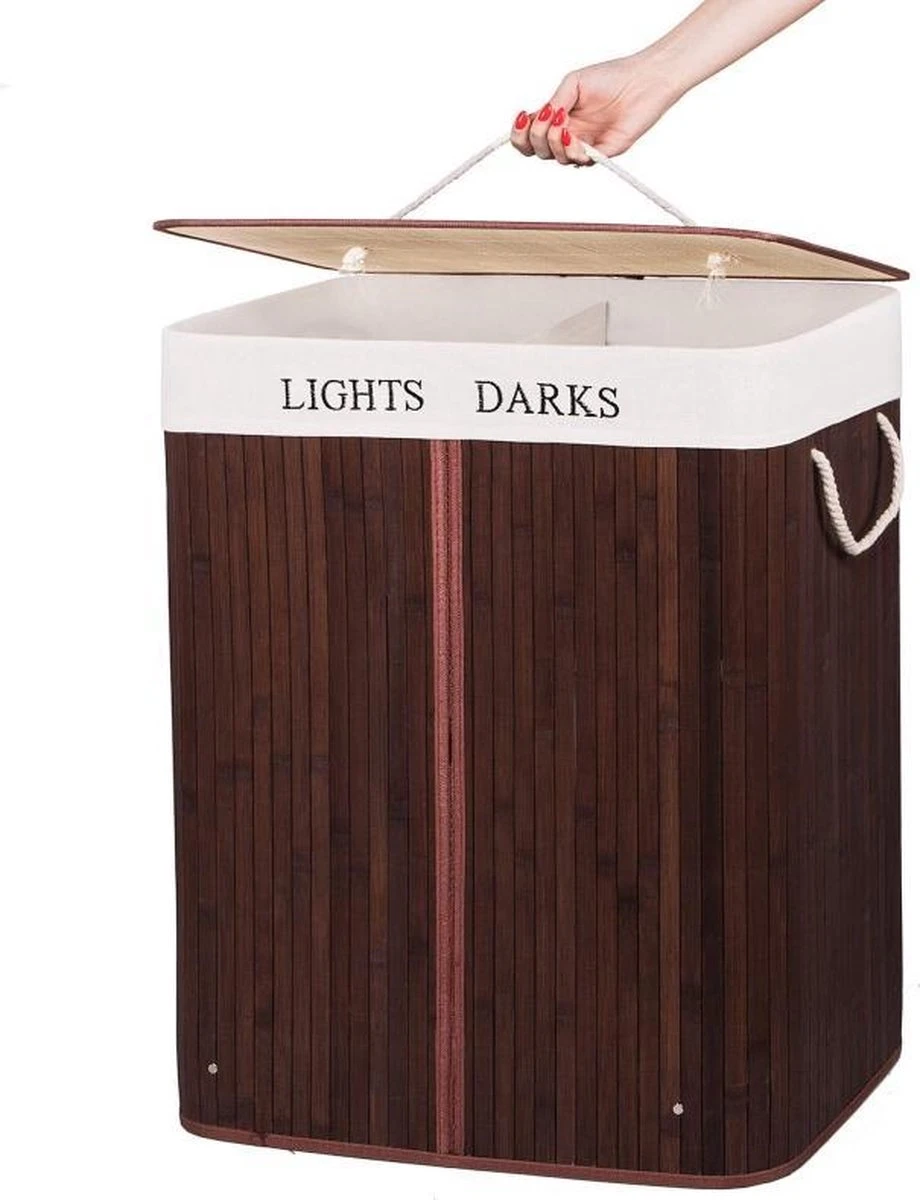 Springos Dubbele Wasmand | 2 Vakken Met Deksel | Opvouwbaar | 100 Liter | Met Uitneembare Waszak | Wasmand | Bruin 9 Springos Dubbele Wasmand | 2 Vakken Met Deksel | Opvouwbaar | 100 Liter | Met Uitneembare Waszak | Wasmand | Bruin - Afbeelding 7