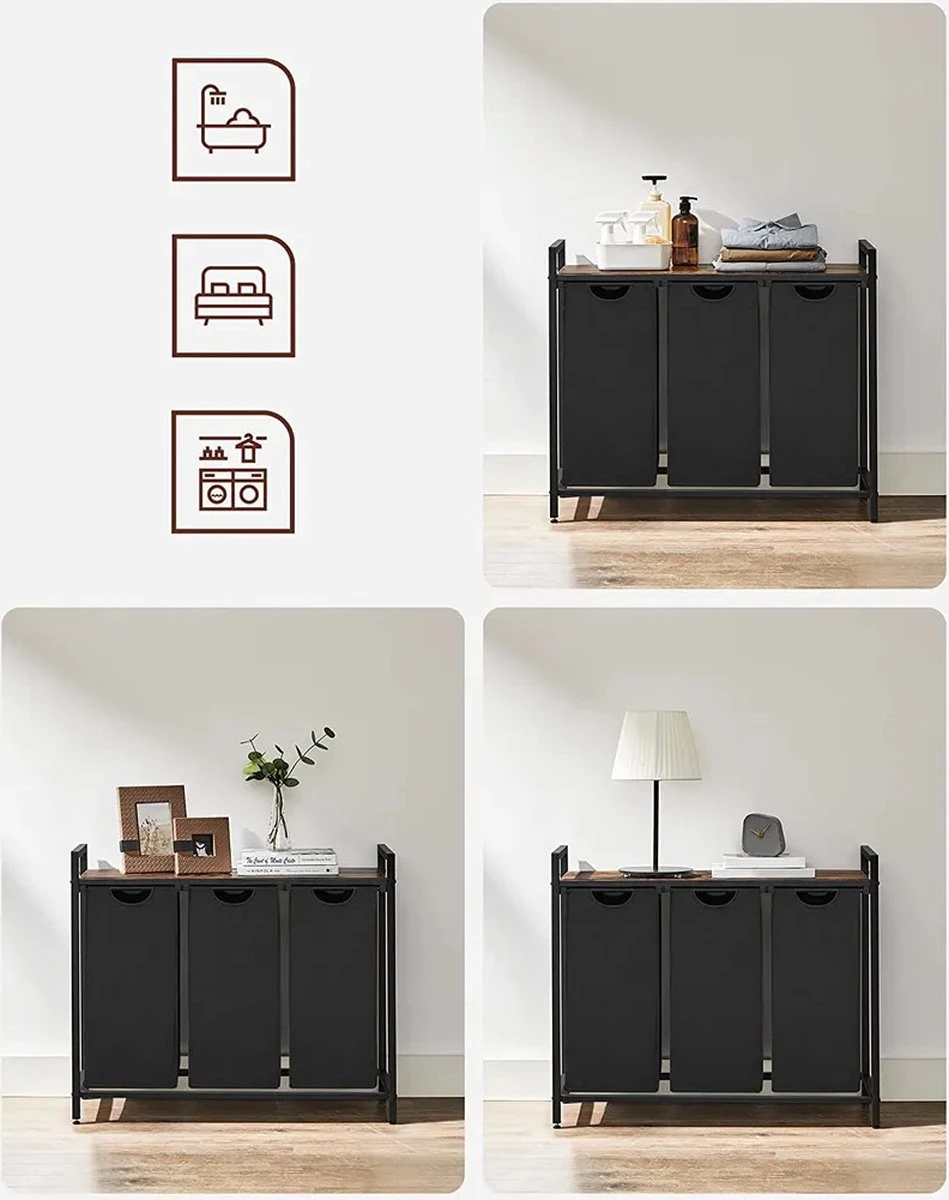 A.T. Shop Wasmand, Wascollector, Wassorteerder, 3 Compartimenten, Met Plank, Waszak Uitschuifbaar En Afneembaar, Per Zak 38 Liter 10 A.T. Shop Wasmand, Wascollector, Wassorteerder, 3 Compartimenten, Met Plank, Waszak Uitschuifbaar En Afneembaar, Per Zak 38 Liter - Afbeelding 8