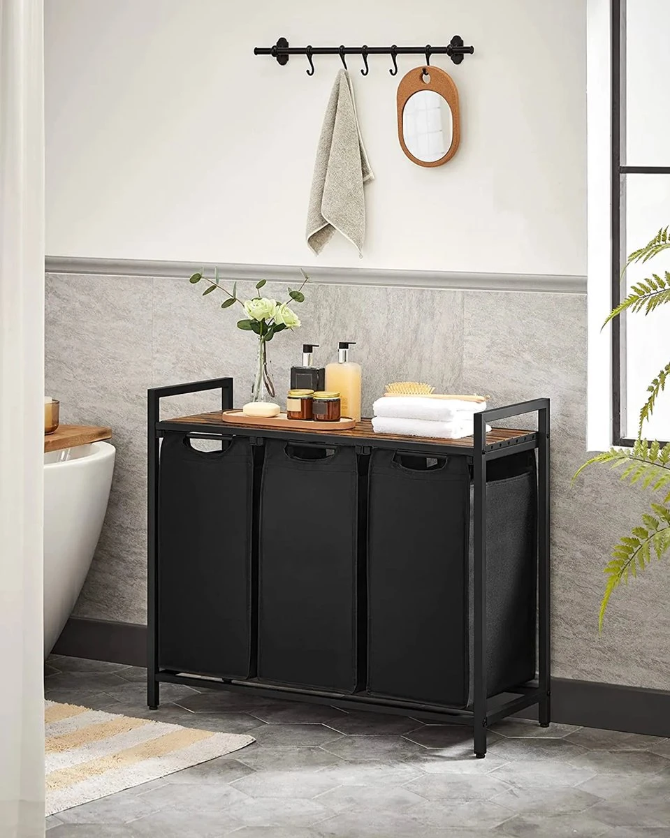 A.T. Shop Wasmand, Wascollector, Wassorteerder, 3 Compartimenten, Met Plank, Waszak Uitschuifbaar En Afneembaar, Per Zak 38 Liter 5 A.T. Shop Wasmand, Wascollector, Wassorteerder, 3 Compartimenten, Met Plank, Waszak Uitschuifbaar En Afneembaar, Per Zak 38 Liter - Afbeelding 3