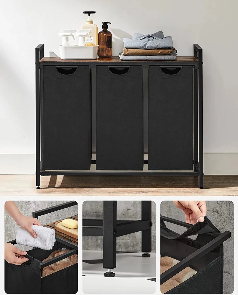 A.T. Shop Wasmand, Wascollector, Wassorteerder, 3 Compartimenten, Met Plank, Waszak Uitschuifbaar En Afneembaar, Per Zak 38 Liter 7 A.T. Shop Wasmand, Wascollector, Wassorteerder, 3 Compartimenten, Met Plank, Waszak Uitschuifbaar En Afneembaar, Per Zak 38 Liter - Afbeelding 5