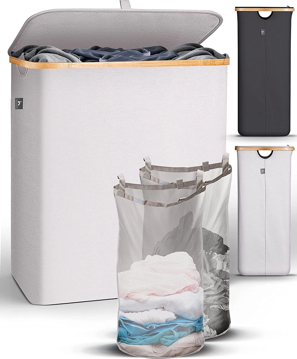 HENNEZ Wasmand 2 Vakken Met Deksel - Van 140L Opvouwbaar Met Scheiding En Een Bamboe Frame - Wassorteerder Inclusief Waszak - Laundry Basket - Wasmanden - Wasbox Beige 3 HENNEZ Wasmand 2 Vakken Met Deksel - Van 140L Opvouwbaar Met Scheiding En Een Bamboe Frame - Wassorteerder Inclusief Waszak - Laundry Basket - Wasmanden - Wasbox Beige